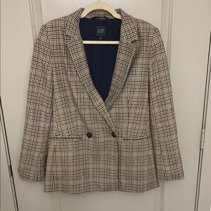 GAP Tan Black Blue Houndstooth Double Breasted Blazer Size 8